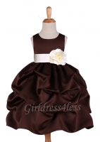 Brown Matte Satin Pick-Up Flower Girl Dress With Bow