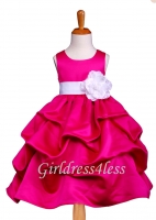 Fuchsia Matte Satin Pick Up Flower Girl Dress With Bow
