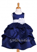Navy Matte Satin Pick Up Flower Girl Dress With Bow