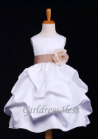 White Matte Satin Pick-Up Flower Girl Dress With Bow